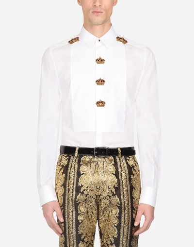 Shop Dolce & Gabbana Cotton Gold-fit Tuxedo Shirt With Patch In White