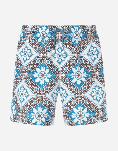 Shop Dolce & Gabbana Medium Swimming Trunks With Maiolica Print On A Sky Blue Background