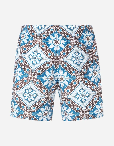 Shop Dolce & Gabbana Medium Swimming Trunks With Maiolica Print On A Sky Blue Background