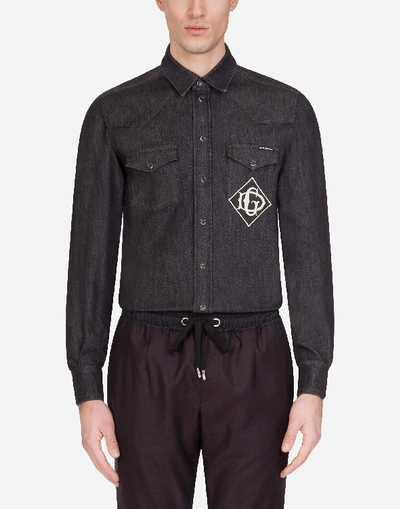 Shop Dolce & Gabbana Stretch Denim Shirt With Dg Logo In Grey