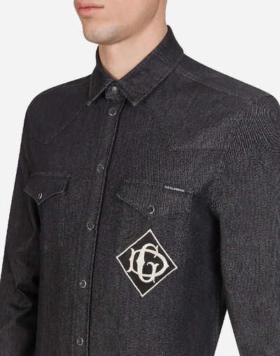 Shop Dolce & Gabbana Stretch Denim Shirt With Dg Logo In Grey