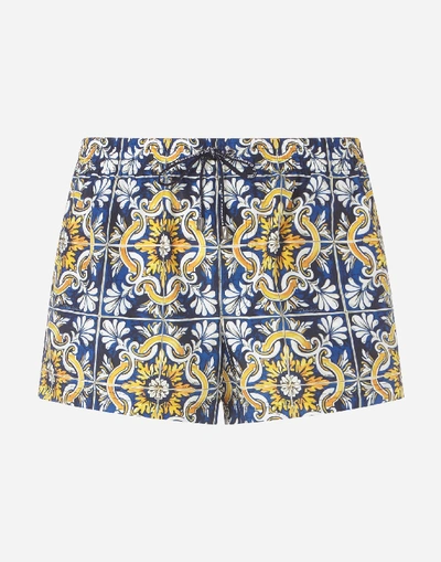 Shop Dolce & Gabbana Short Swimming Trunks With Maiolica Print On A Blue Background