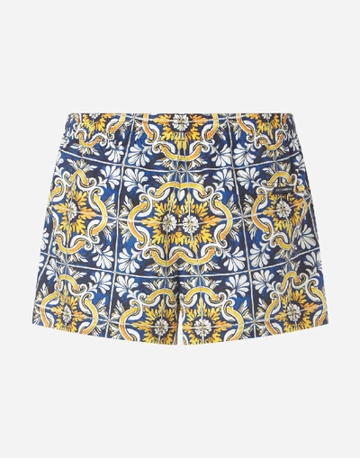 Shop Dolce & Gabbana Short Swimming Trunks With Maiolica Print On A Blue Background