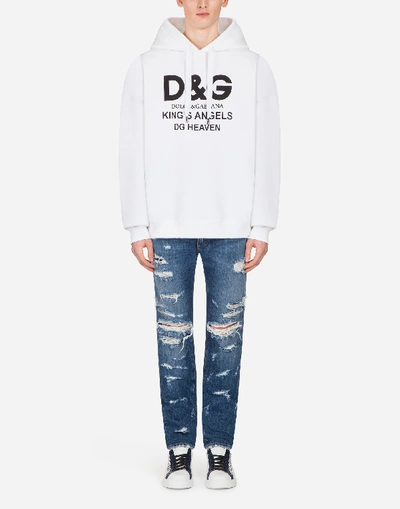 Shop Dolce & Gabbana Printed Cotton Sweatshirt With Hood In White