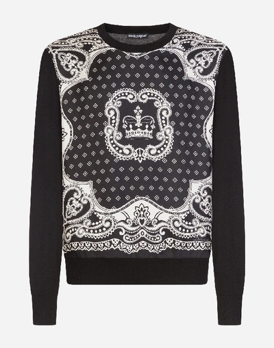 Shop Dolce & Gabbana Crew Neck Wool And Silk Sweater In Bandana Print In Black