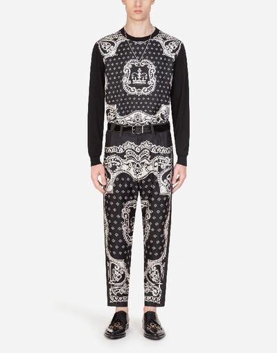 Shop Dolce & Gabbana Crew Neck Wool And Silk Sweater In Bandana Print In Black