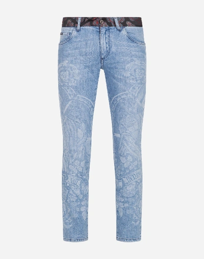 Shop Dolce & Gabbana Stretch Skinny Jeans With Henry Viii Print In Blue
