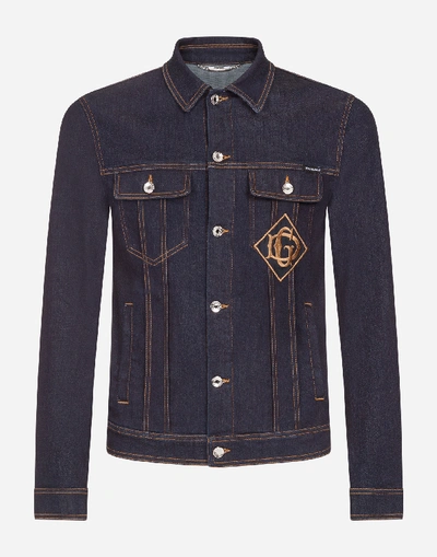 Shop Dolce & Gabbana Stretch Denim Jacket With Patch In Blue