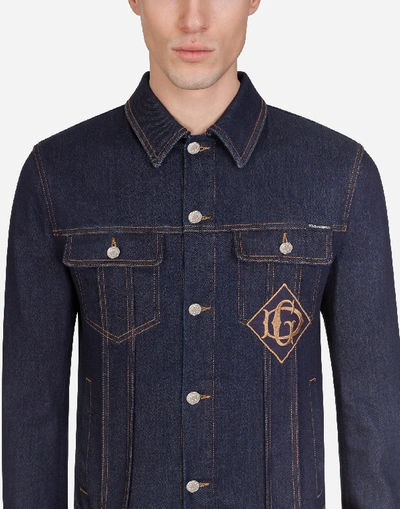 Shop Dolce & Gabbana Stretch Denim Jacket With Patch In Blue