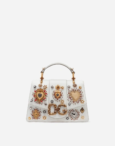 Shop Dolce & Gabbana Dg Amore Bag In Calfskin With Heart Embroidery In White