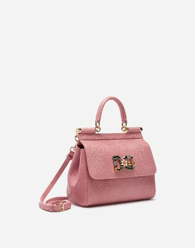 Shop Dolce & Gabbana Small Sicily Handbag In Iguana Print Calfskin With Dg Logo Crystals In Pink