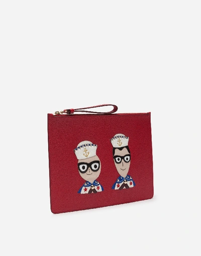 Shop Dolce & Gabbana Clutch In Dauphine Calfskin With Designers' Patches In Red
