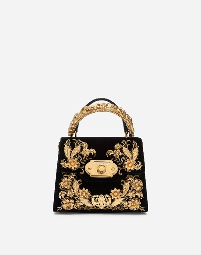 Shop Dolce & Gabbana Medium Velvet Welcome Bag With Baroque Embroidery In Black