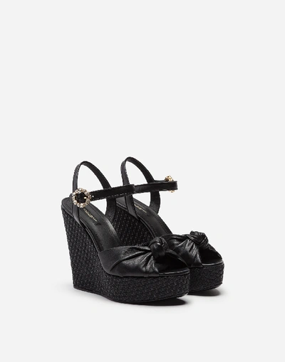 Shop Dolce & Gabbana Wedge Nappa Leather Sandal With Bejewelled Buckle In Black