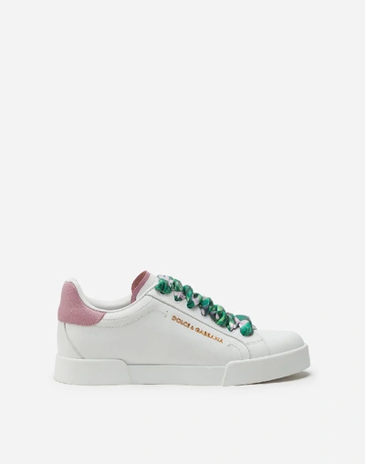 Shop Dolce & Gabbana Portofino Sneakers In Nappa Calfskin With Lettering And Printed Silk Laces