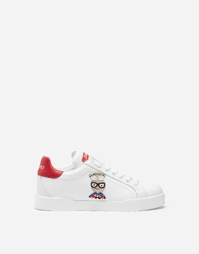 Shop Dolce & Gabbana Calfskin Nappa Portofino Sneakers With Patches Of The Designers In White