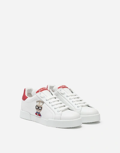 Shop Dolce & Gabbana Calfskin Nappa Portofino Sneakers With Patches Of The Designers In White