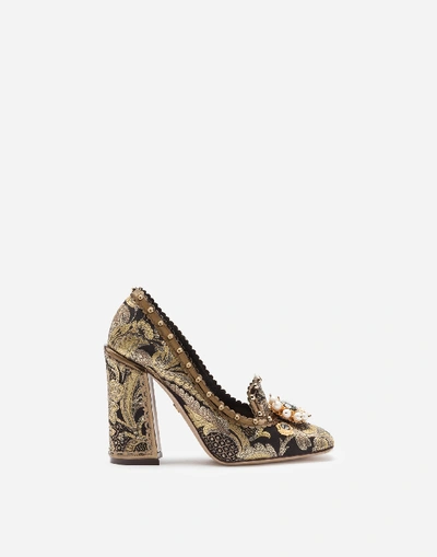 Shop Dolce & Gabbana Leaf Brocade Pumps With Bejeweled Embellishment In Black