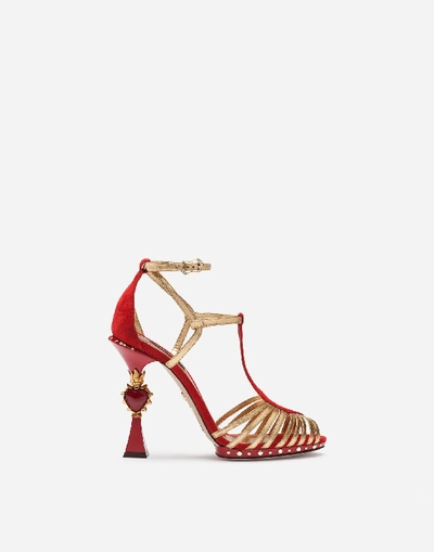 Shop Dolce & Gabbana Sandals In Suede And Mordoré With Sculpted Heel In Red/gold