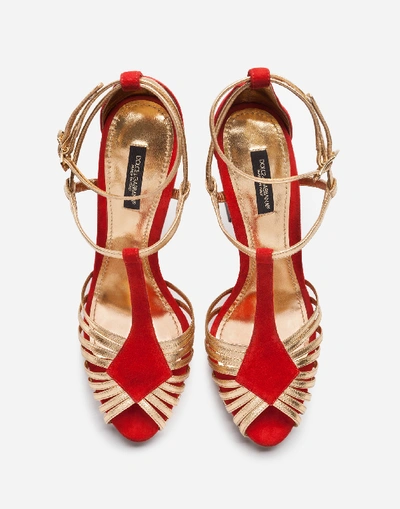 Shop Dolce & Gabbana Sandals In Suede And Mordoré With Sculpted Heel In Red/gold