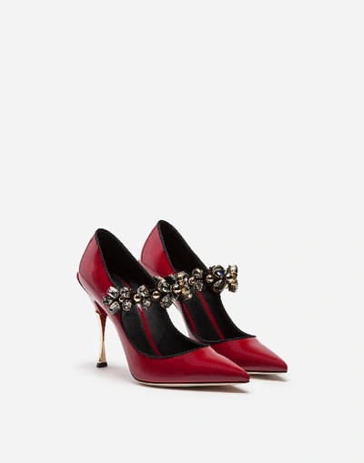 Shop Dolce & Gabbana Patent Leather Mary Janes With Bejeweled Strap In Burgundy