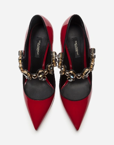 Shop Dolce & Gabbana Patent Leather Mary Janes With Bejeweled Strap In Burgundy