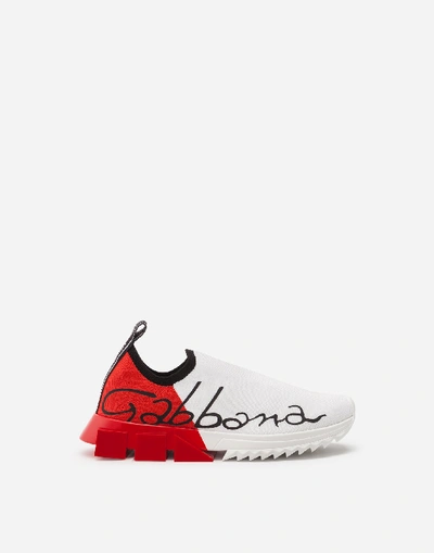 Shop Dolce & Gabbana Stretch Jersey Sorrento Sneakers With Patent Leather Heel In White/red