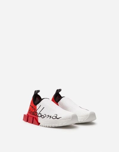 Shop Dolce & Gabbana Stretch Jersey Sorrento Sneakers With Patent Leather Heel In White/red