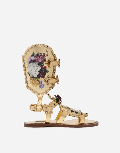 Shop Dolce & Gabbana Gladiator Sandals With Floral Painting And Studs In Gold
