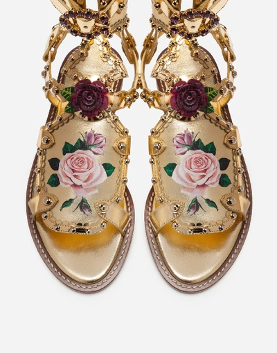 Shop Dolce & Gabbana Gladiator Sandals With Floral Painting And Studs In Gold