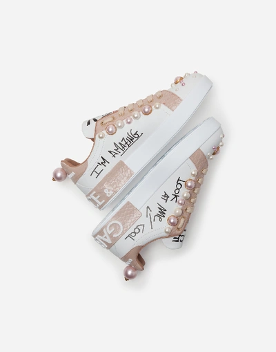 Shop Dolce & Gabbana Printed Nappa Calfskin Portofino Sneakers With Pearl Embroidery