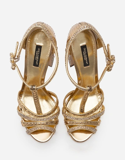 Shop Dolce & Gabbana T-strap Sandal In Mirrored Patent Leather With Rhinestones In Gold