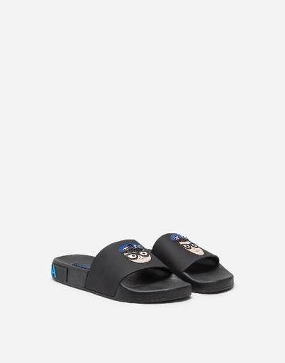 Shop Dolce & Gabbana Rubber And Calfskin Sliders With Patches Of The Designers In Black