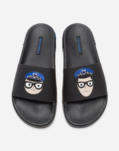 Shop Dolce & Gabbana Rubber And Calfskin Sliders With Patches Of The Designers In Black