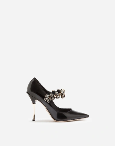 Shop Dolce & Gabbana Patent Leather Mary Janes With Bejeweled Strap In Black