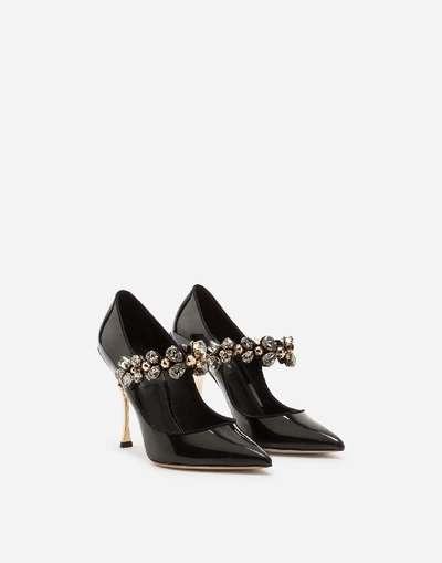 Shop Dolce & Gabbana Patent Leather Mary Janes With Bejeweled Strap In Black