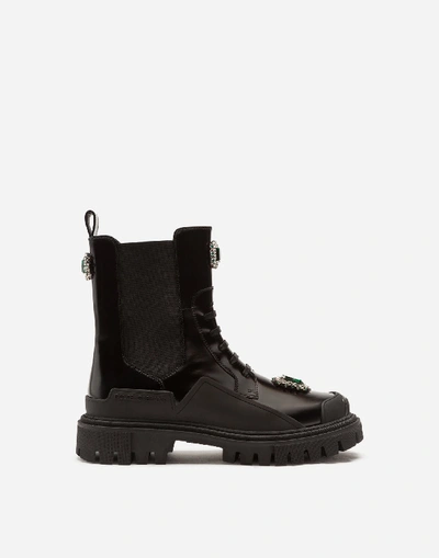 Shop Dolce & Gabbana Polished Calfskin Combat Boots With Bejeweled Embroidery