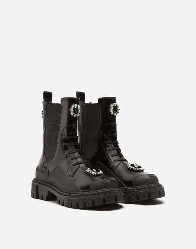 Shop Dolce & Gabbana Polished Calfskin Combat Boots With Bejeweled Embroidery