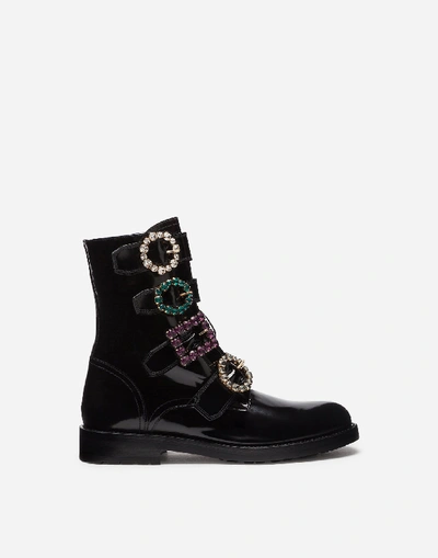 Shop Dolce & Gabbana Polished Calfskin Combat Boots With Bejeweled Buckles
