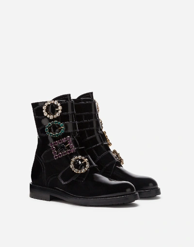 Shop Dolce & Gabbana Polished Calfskin Combat Boots With Bejeweled Buckles