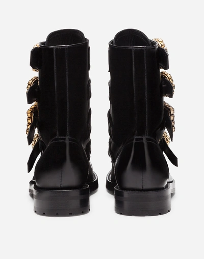 Shop Dolce & Gabbana Polished Calfskin Combat Boots With Bejeweled Buckles