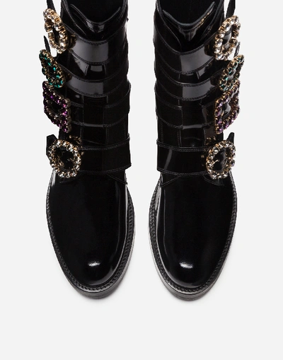 Shop Dolce & Gabbana Polished Calfskin Combat Boots With Bejeweled Buckles