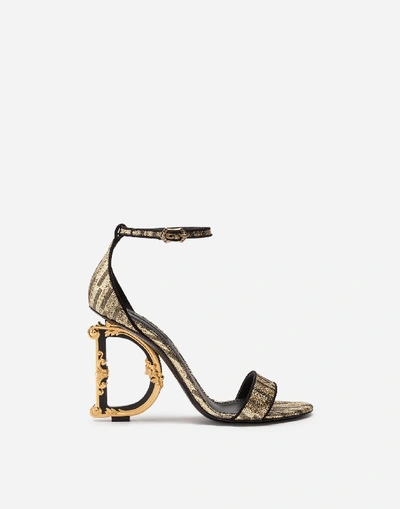 Shop Dolce & Gabbana Jacquard Sandals With Baroque Dg Heel In Gold/black
