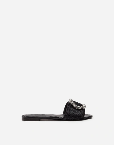 Shop Dolce & Gabbana Woven Raffia Sliders With Bejeweled Buckle In Black