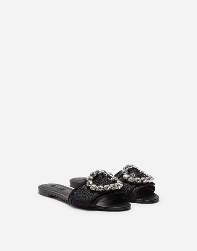 Shop Dolce & Gabbana Woven Raffia Sliders With Bejeweled Buckle In Black