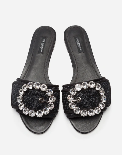 Shop Dolce & Gabbana Woven Raffia Sliders With Bejeweled Buckle In Black