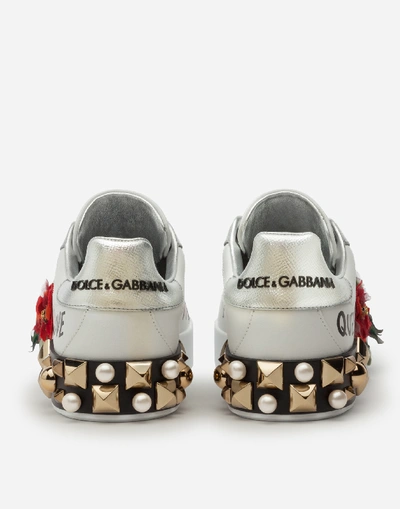 Shop Dolce & Gabbana Printed Calfskin Nappa Portofino Sneakers With Geranium Embroidery