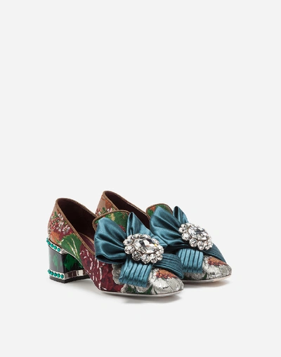 Shop Dolce & Gabbana Brocade Pumps With Bejeweled Bow In Multicolored
