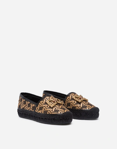 Shop Dolce & Gabbana Braided Raffia Espadrillas With Dg Amore Logo In Beige/black