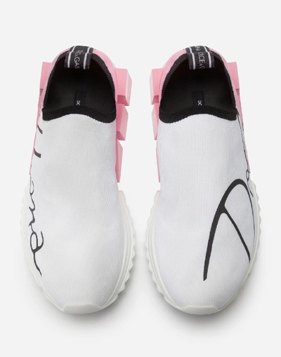 Shop Dolce & Gabbana Stretch Jersey Sorrento Sneakers With Patent Leather Heel In White/pink